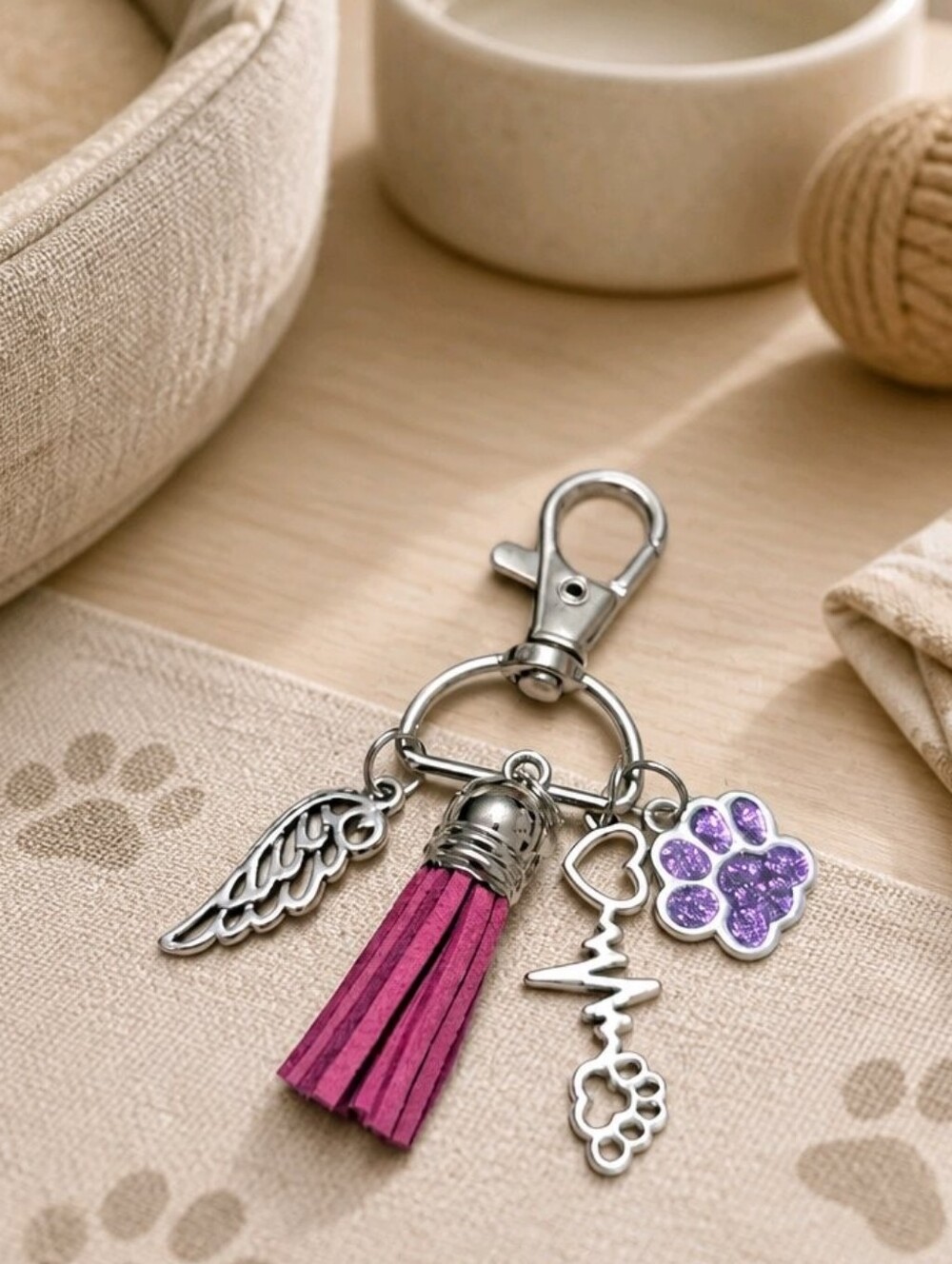 Sympathy Purple Glitter Silver Pet Paw Wing Zipper Charms Handcrafted Keychain